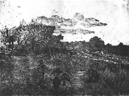 Aguafuerte Fattori - Paese al tramonto (con guardiani di porci)