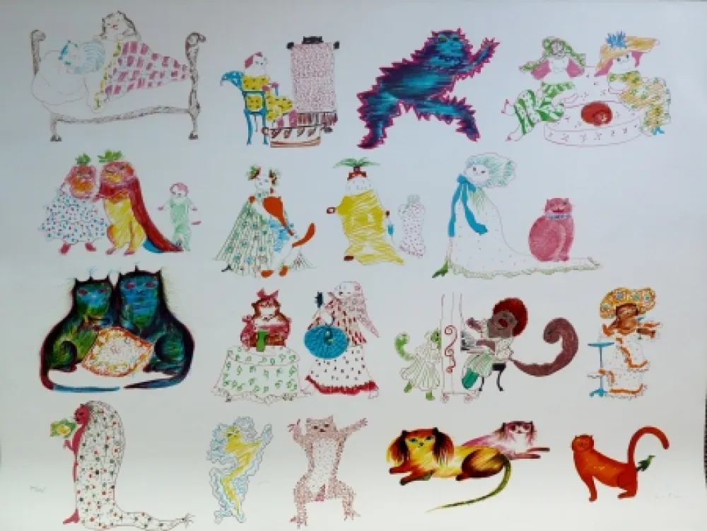 Litografía Fini - 24 Chats et un Oiseau