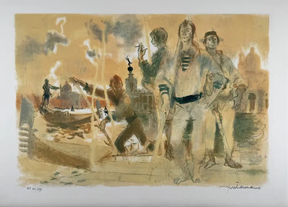 Litografía Fontanarosa - Gondoliers à Venise