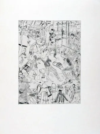 Aguafuerte Foujita - À LA ROTONDE. Tableaux de Paris 1927. Gravure originale.