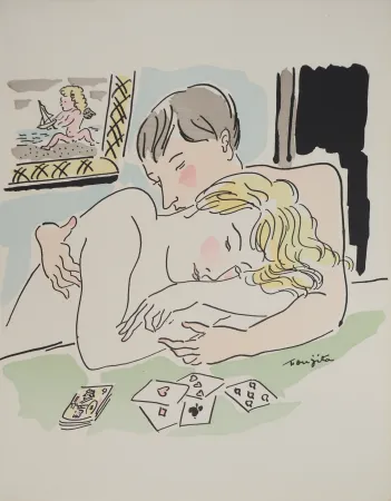 Grabado Foujita - Amoureux au jeu de cartes