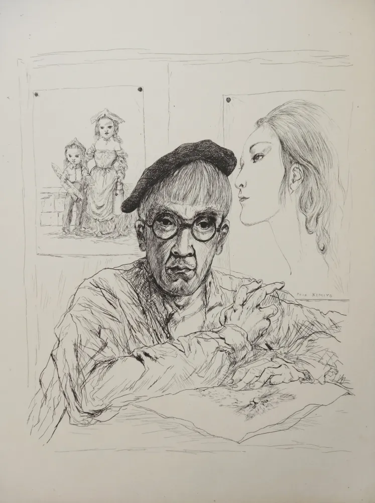 Grabado Foujita - Autoportrait au béret avec sa femme Kimiyo