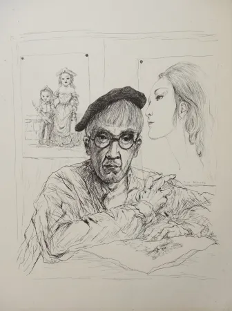 Grabado Foujita - Autoportrait au béret avec sa femme Kimiyo