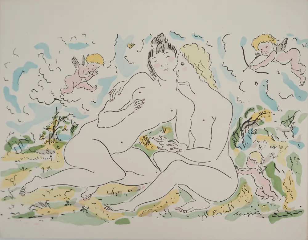 Grabado Foujita - Couple de femmes et chérubins