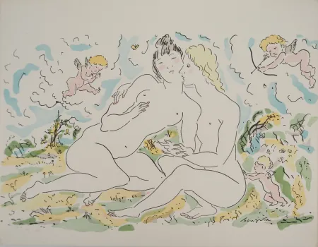 Grabado Foujita - Couple de femmes et chérubins