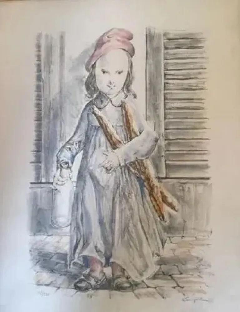 Litografía Foujita -  ''Fillette aux baguettes de pains'' ou ''Le matin'' circa 1956