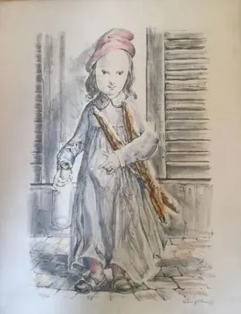 Litografía Foujita -  ''Fillette aux baguettes de pains'' ou ''Le matin'' circa 1956