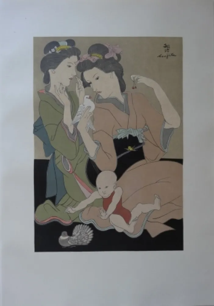 Grabado En Madera Foujita - Geishas à la colombe