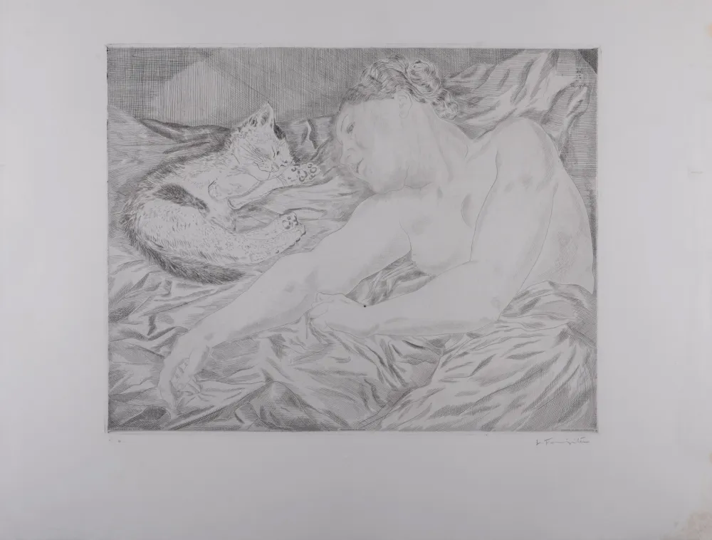 Grabado Foujita - La Femme au chat, 1927 - Hand-signed