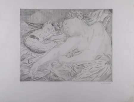 Grabado Foujita - La Femme au chat, 1927 - Hand-signed