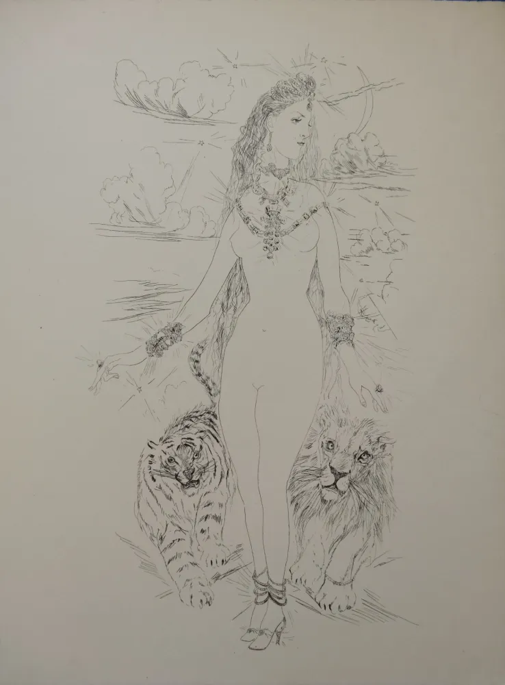 Grabado Foujita - La Rivière Enchantée - Nu aux tigres