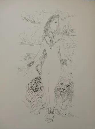 Grabado Foujita - La Rivière Enchantée - Nu aux tigres