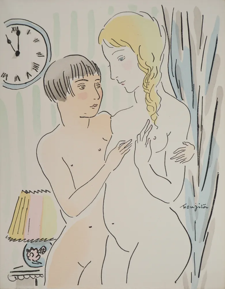 Grabado Foujita - Les jeunes filles intimidées