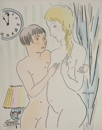 Grabado Foujita - Les jeunes filles intimidées