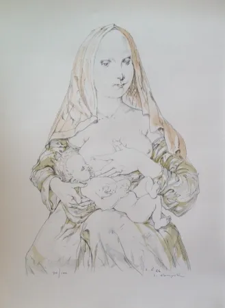 Litografía Foujita - MATERNITE AU VOILE ROUGE  (1964)