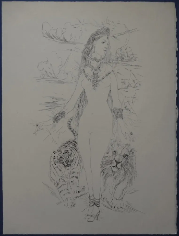 Aguafuerte Foujita - Rivière enchantée - Femme aux félins