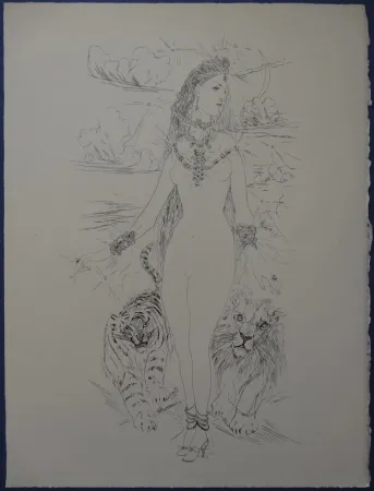 Aguafuerte Foujita - Rivière enchantée - Femme aux félins