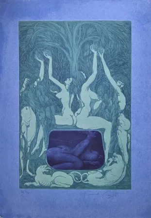 Aguatinta Fuchs - Nacht Unterschlupf im Laub