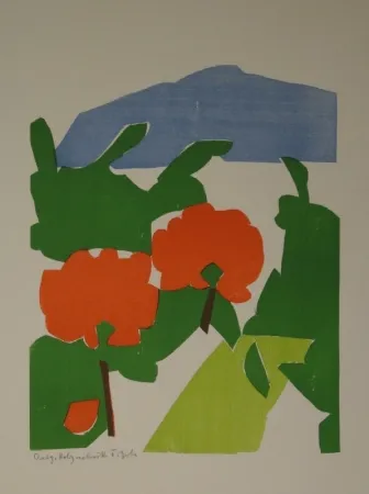 Grabado En Madera Gehr - Zwei rote Bäume in Landschaft