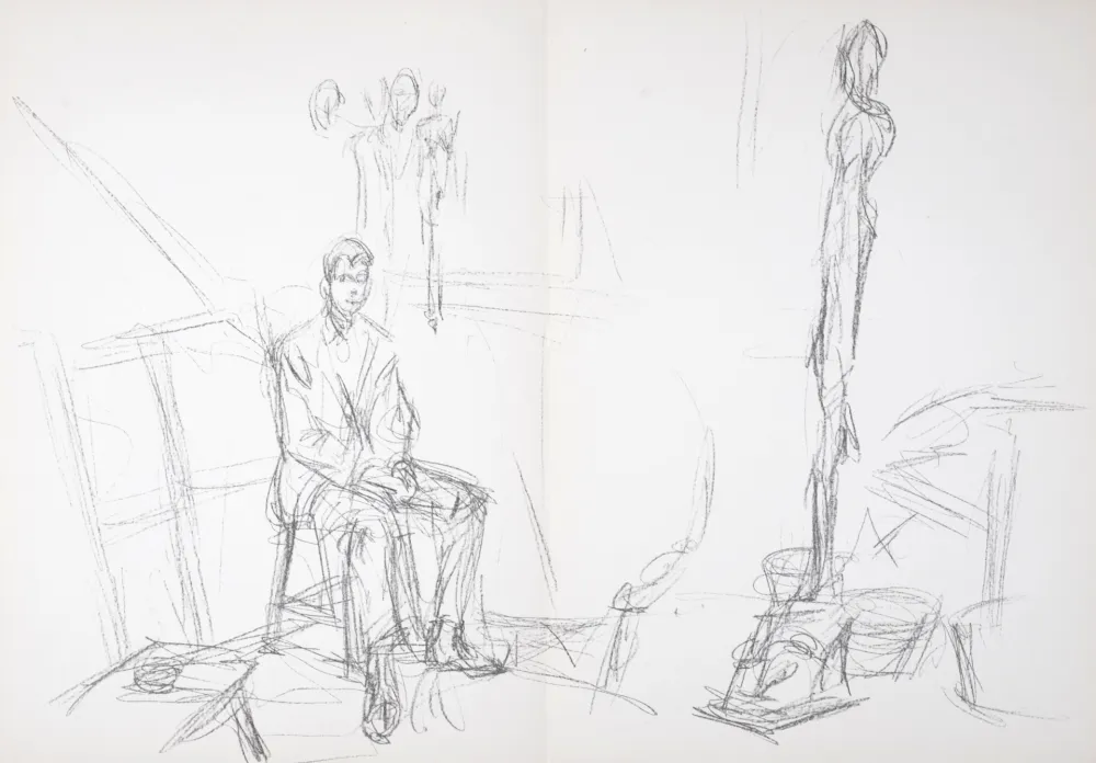 Litografía Giacometti - Homme assis et sculptures, 1961