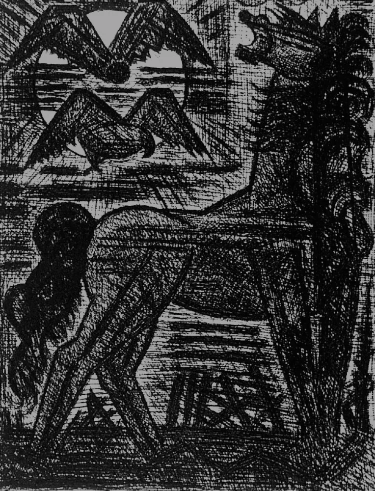 Aguafuerte Gromaire - Présage, cheval noir, et oiseaux de nuit