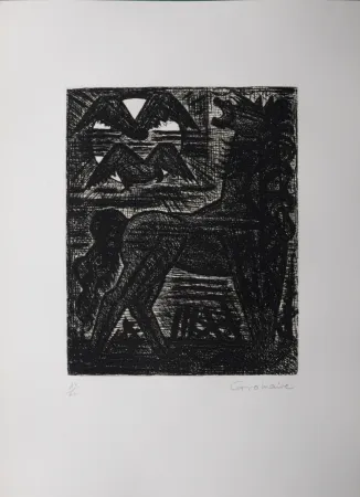Aguafuerte Gromaire - Présages, cheval noir et oiseaux de nuit, 1958