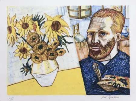 Litografía Grooms - Van Gogh with Sunflowers
