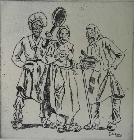 Aguafuerte Gutiérrez Solana  - Máscaras  de los cocineros