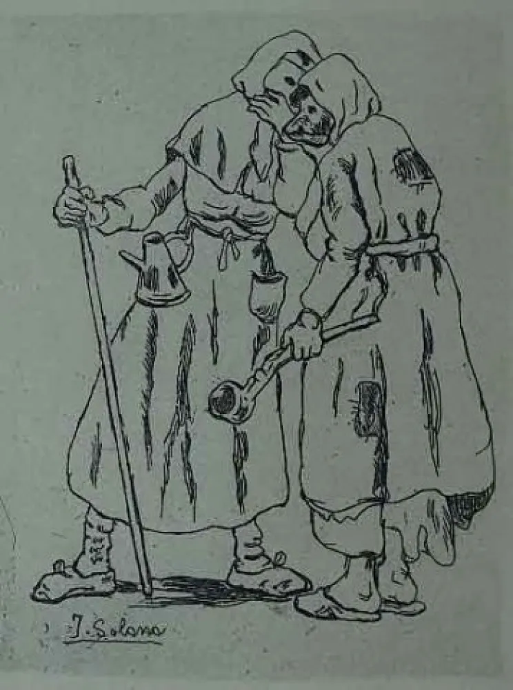 Aguafuerte Gutiérrez Solana  - Máscaras hablándose al oido