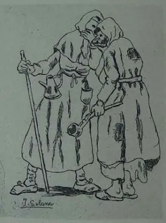 Aguafuerte Gutiérrez Solana  - Máscaras hablándose al oido