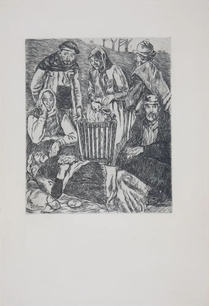 Aguafuerte Gutiérrez Solana  - Mendigos calentándose