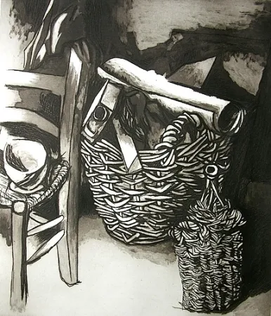 Aguafuerte Y Aguatinta Guttuso - Natura morta con sedia, cestino e fiasco