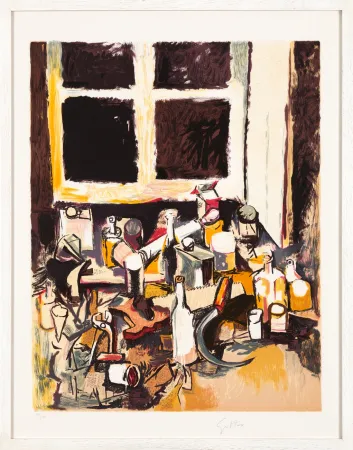 Litografía Guttuso - Oggetti sul tavolo e finestra di sera