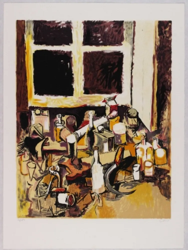 Litografía Guttuso - Oggetti sul tavolo e finestra di sera