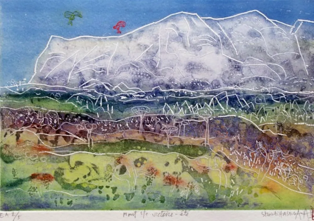 Grabado Hasegawa - Montagne Sainte victoire en été 