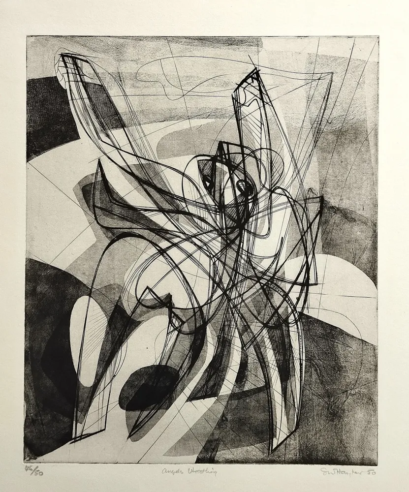 Aguafuerte Hayter - Angels wrestling