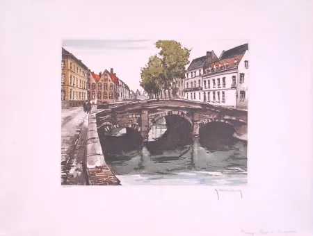 Aguafuerte Hebbelinck - Bruges : Pont des Augustins
