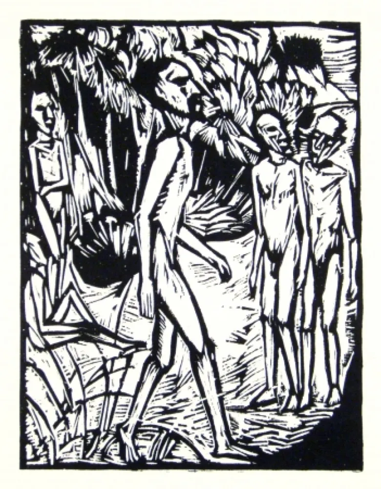 Grabado En Madera Heckel - Männer am Strand (Men at the beach)