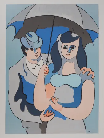 Litografía Helion - Couple sous un parapluie