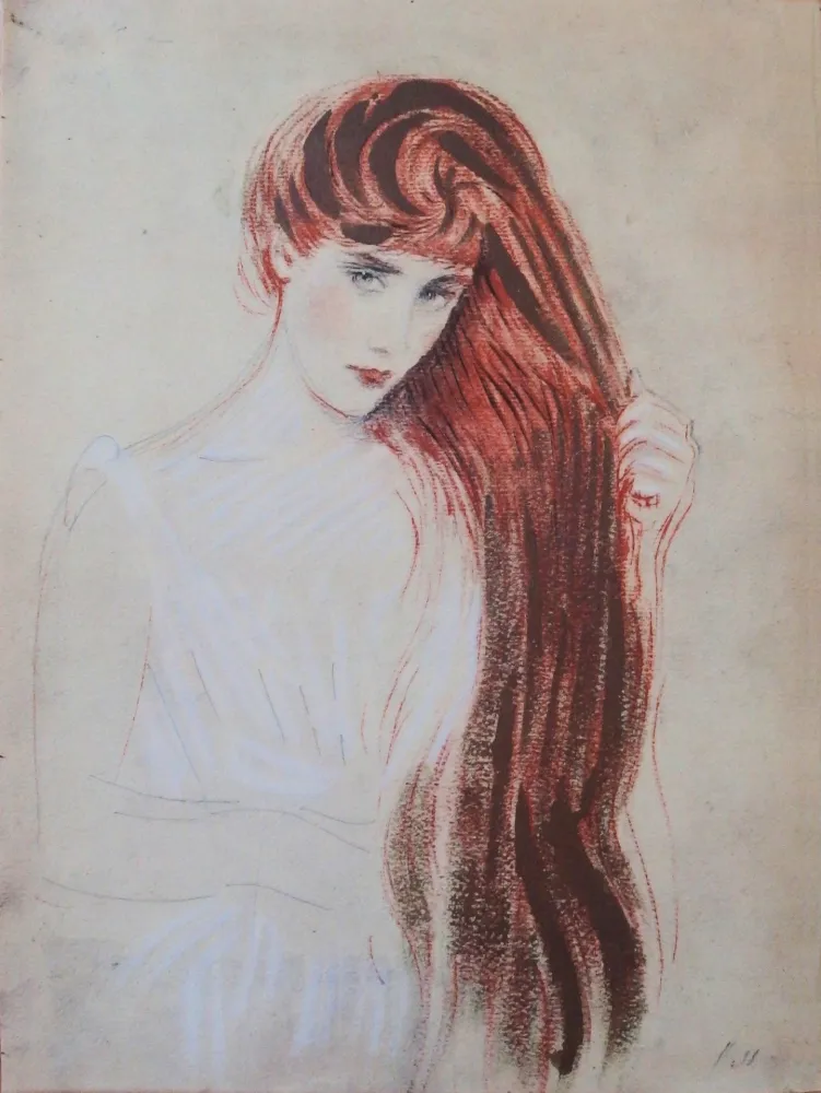 Litografía Helleu - Femme rousse (la chevelure dorée)