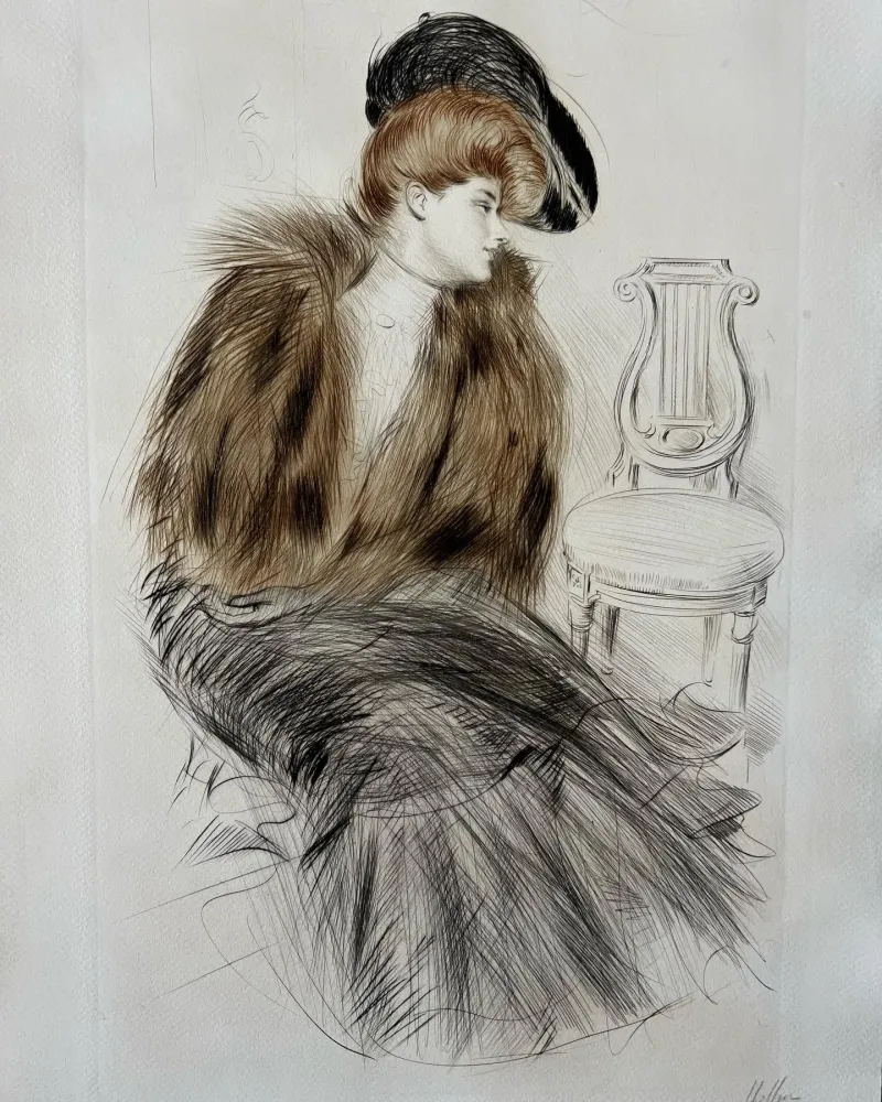 Aguafuerte Helleu - Jeune Femme au Manteau de Fourrure (