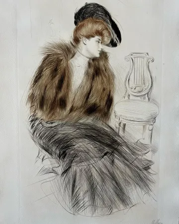 Aguafuerte Helleu - Jeune Femme au Manteau de Fourrure (