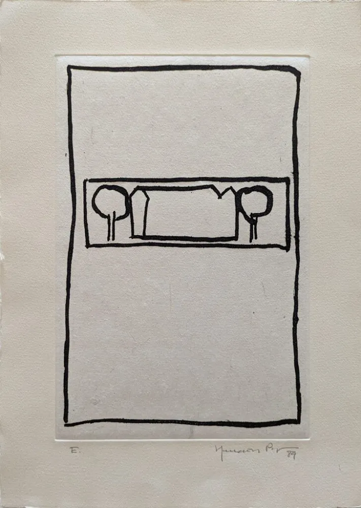 Aguatinta Hernandez Pijuan - Casa con árboles