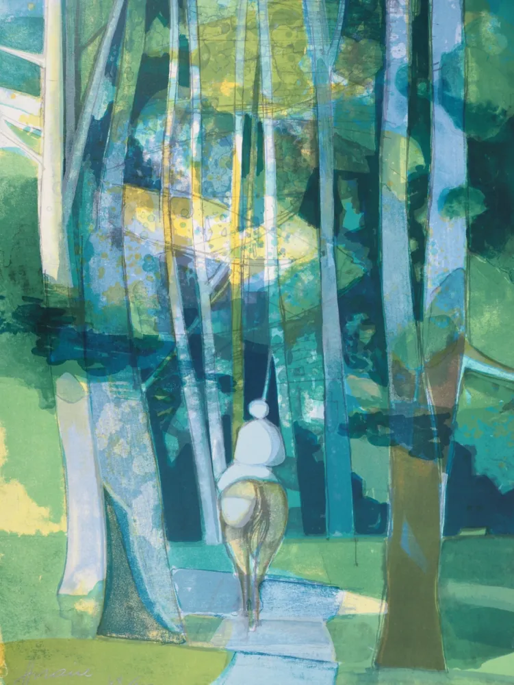 Litografía Hilaire - Cavalier entrant dans la forêt