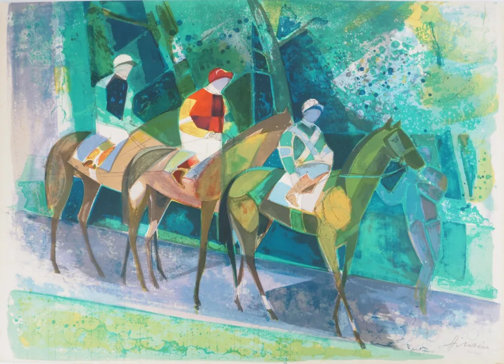 Litografía Hilaire - Jockeys en promenade