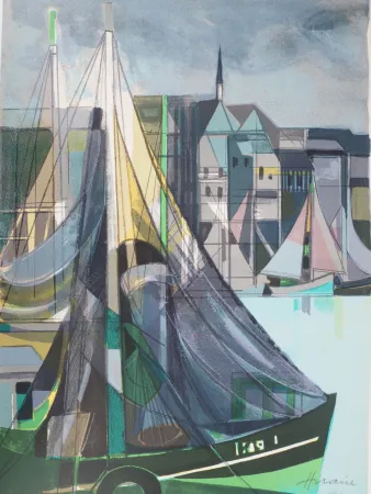 Litografía Hilaire - Normandie, Voiliers à Honfleur