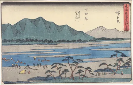 Grabado En Madera Hiroshige - Odawara : le traversée de la rivière Sakawa