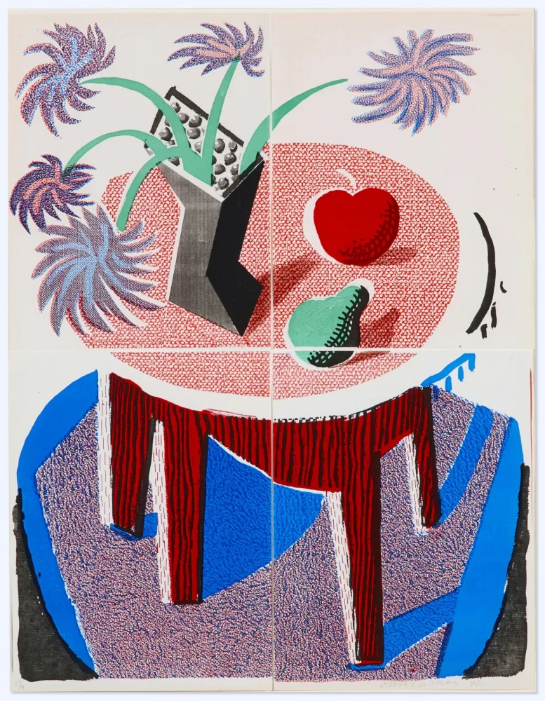 Sin Técnico Hockney -  Flowers, Apple and Pear on a Table
