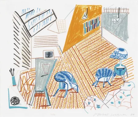 Litografía Hockney - Pembroke Studio with Blue Chairs and Lamp from The Moving Focus Series