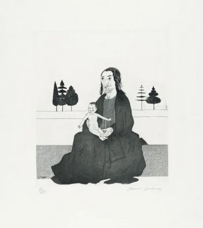 Grabado Hockney - The enchantress with the baby (1969)